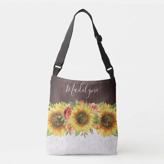 Sunflowers Lace Wood Rustic Floral Crossbody Bag (Front)