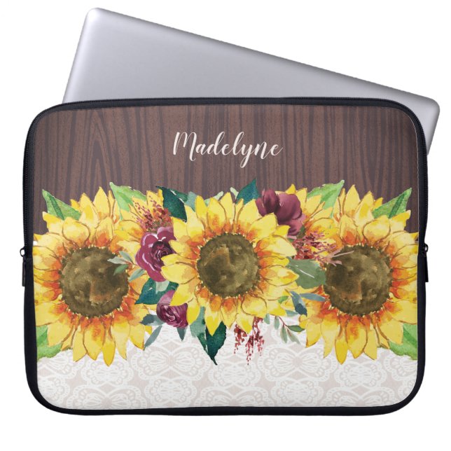 Sunflowers Lace Wood Rustic Name Laptop Sleeve (Front)