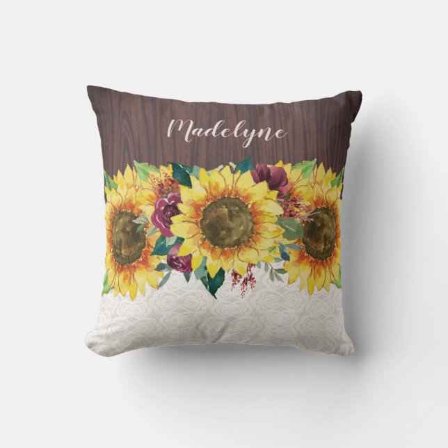 Sunflowers Lace Wood Rustic Name Monogrammed Cushion (Front)