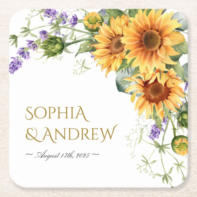 Sunflowers & Lavander Wedding Square Paper Coaster (Front)