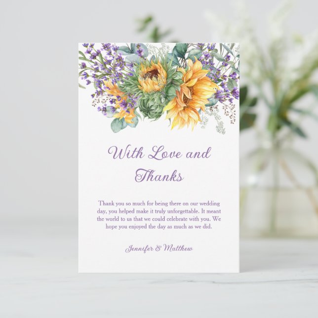 Sunflowers Lavender Eucalyptus Greenery Thank You RSVP Card (Standing Front)