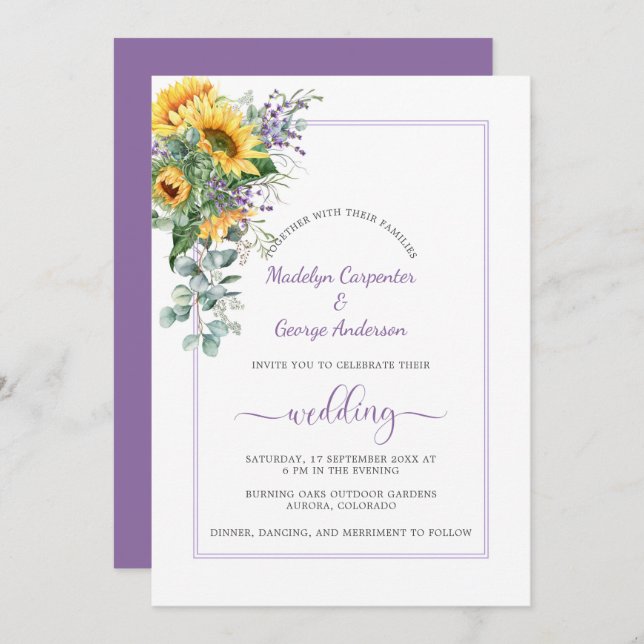 Sunflowers Lavender Eucalyptus Greenery Wedding Invitation (Front/Back)
