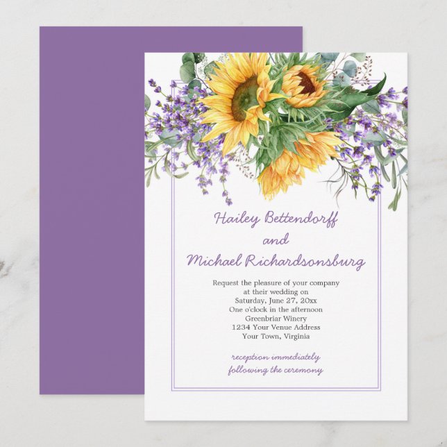Sunflowers, Lavender, Eucalyputs Wedding Invitation (Front/Back)