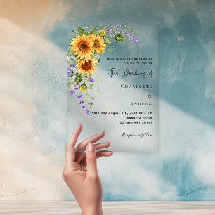 Sunflowers lavender florals clear wedding  acrylic invitations