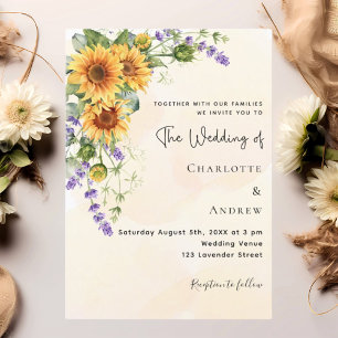 Sunflowers lavender florals golden wedding  invitation