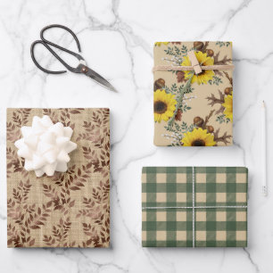 Sunflowers & Leaves Rustic Cottagecore  Wrapping Paper Sheet