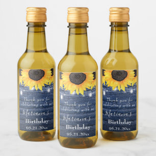 Sunflowers Lights Blue Birthday Party Favour Mini Wine Label