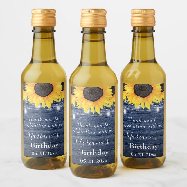 Sunflowers Lights Blue Birthday Party Favour Mini Wine Label (Bottles)
