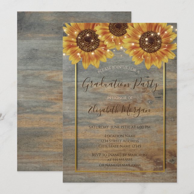 Sunflowers,Lights, Wood,Gold Frame Graduation  Invitation (Front/Back)