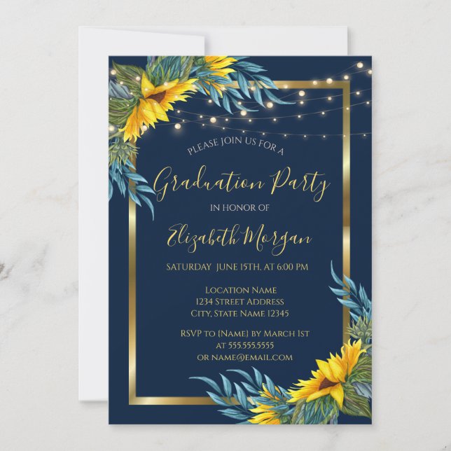 Sunflowers,Lights, Wood Texture Graduation Party Invitation (Front)
