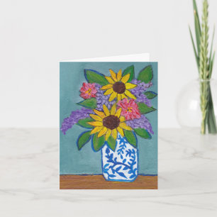 Sunflowers & Lilacs in Blue & White Vase Card