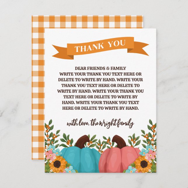 Sunflowers Little Pumpkin Gender Reveal Thank You (Front/Back)