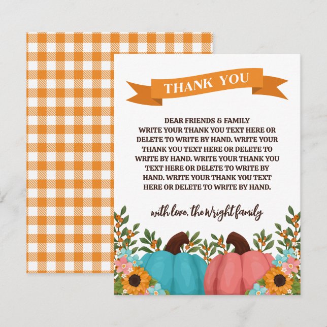 Sunflowers Little Pumpkin Gender Reveal Thank You Card (Front/Back)