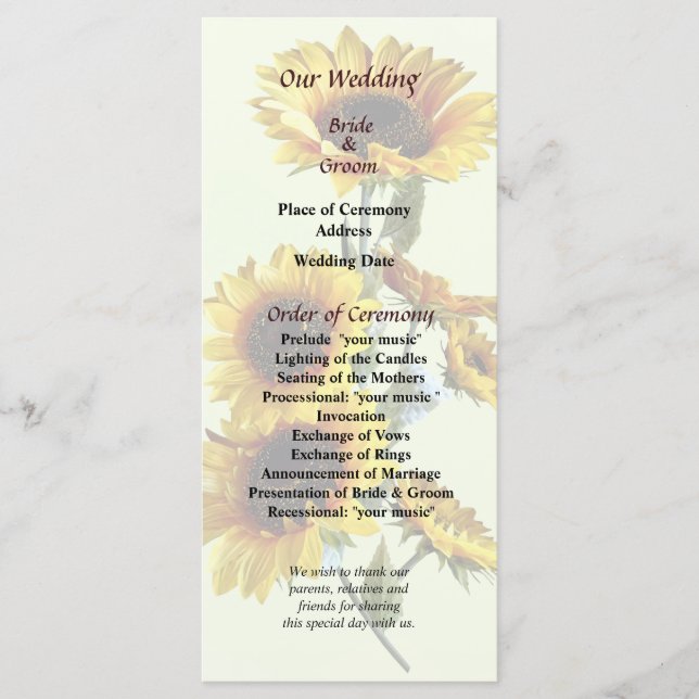 Sunflowers Looking Up Wedding Program Programme (Front)