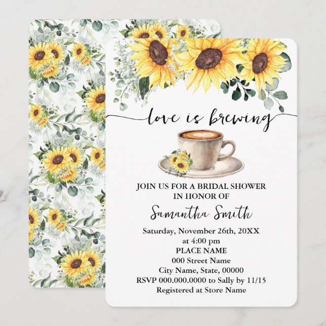 Sunflowers Love is Brewing Shower Coffee Bar Party Invitation (Front/Back)