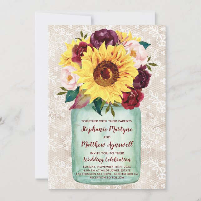 Sunflowers Mason Jar Burgundy Floral Lace Wedding Invitation (Front)
