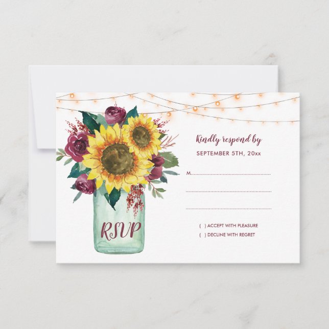 Sunflowers Mason Jar Burgundy Floral Wedding RSVP (Front)
