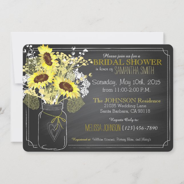 Sunflowers Mason Jar Chalkboard Bridal Shower Invitation (Front)