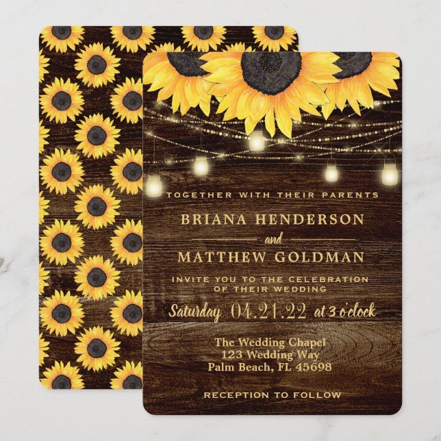 Sunflowers Mason Jar Lights Wedding Invitation (Front/Back)