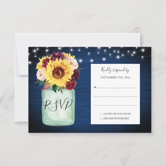 Sunflowers Mason Jar Navy Blue Wedding RSVP (Front)