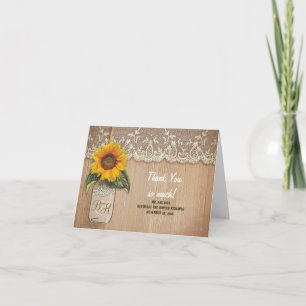 Sunflowers Mason Jar Rustic Lace Wedding Thank You Card