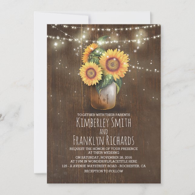 Sunflowers Mason Jar String Lights Fall Wedding Invitation (Front)