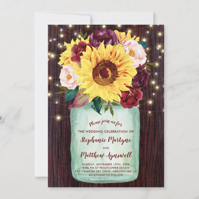 Sunflowers Mason Jar String Lights Floral Wedding Invitation (Front)