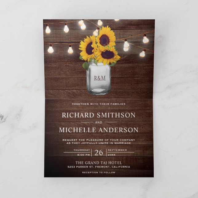 Sunflowers Mason Jar String Lights QR Code Wedding Invitation (Inside)