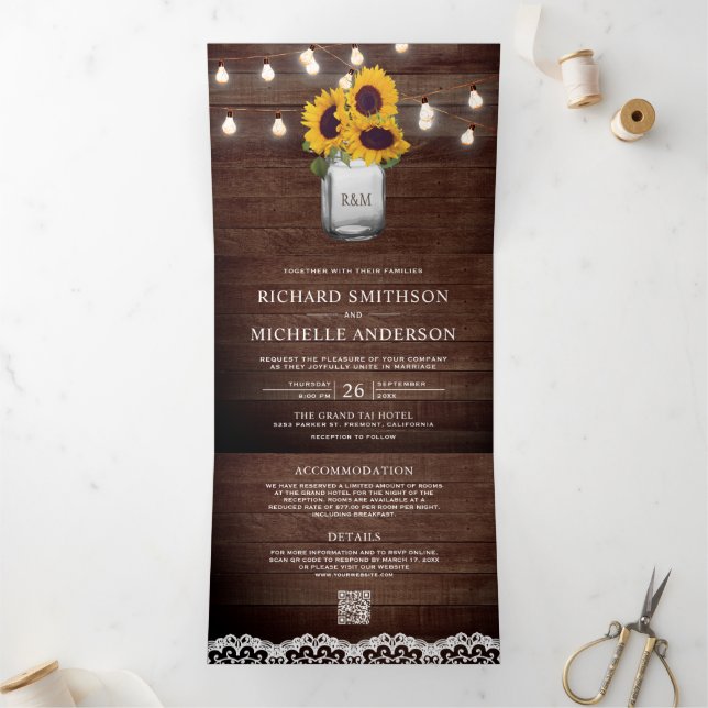 Sunflowers Mason Jar String Lights QR Code Wedding Tri-Fold Invitation (Inside)
