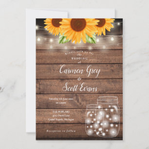 Sunflowers Mason Jar String Lights Wood Wedding Invitation