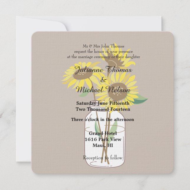 Sunflowers Mason Jars  Brown Wedding Invitation (Front)