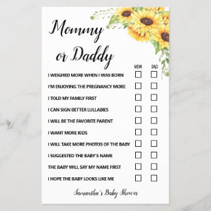 Sunflowers Mom or Dad said Baby Shower Game card