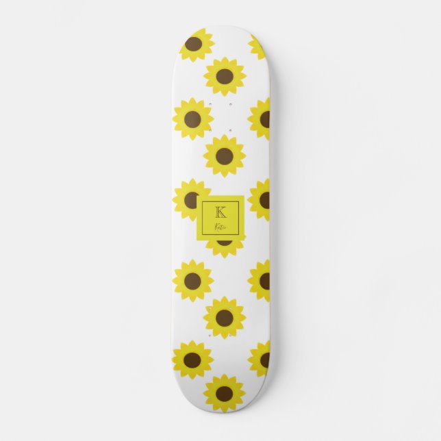 Sunflowers Monogram Hand Lettering Floral Chic Skateboard (Front)