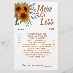Sunflowers More or Less Couples Shower Game Card