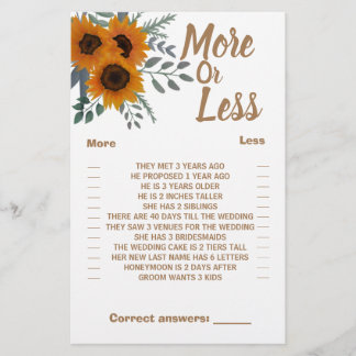 Sunflowers More or Less Couples Shower Game Card
