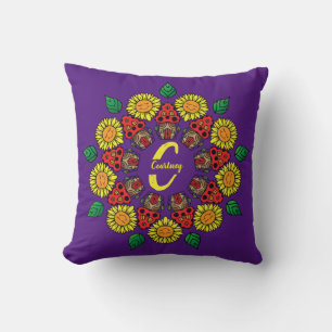 Sunflowers & Mushrooms Personalised Mandala Purple Cushion
