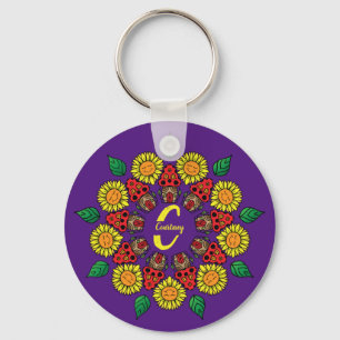 Sunflowers & Mushrooms Personalized Mandala Purple Key Ring