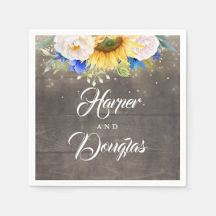 Sunflowers Navy Blue and White Fall Wedding Napkin