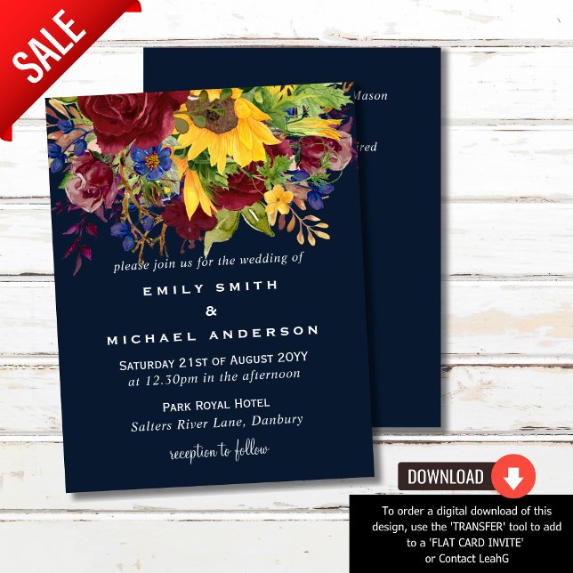Sunflowers Navy Blue Burgundy Roses Wedding Invite (Creator Uploaded)