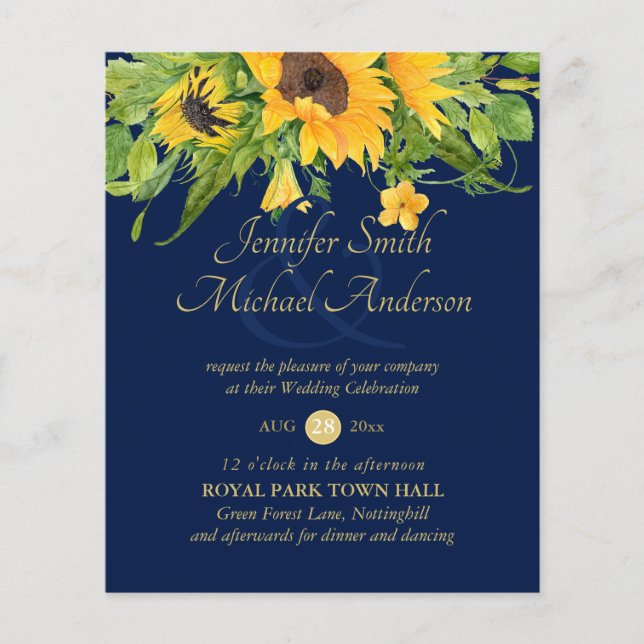 Sunflowers Navy Blue Country Floral Wedding Invite (Front)