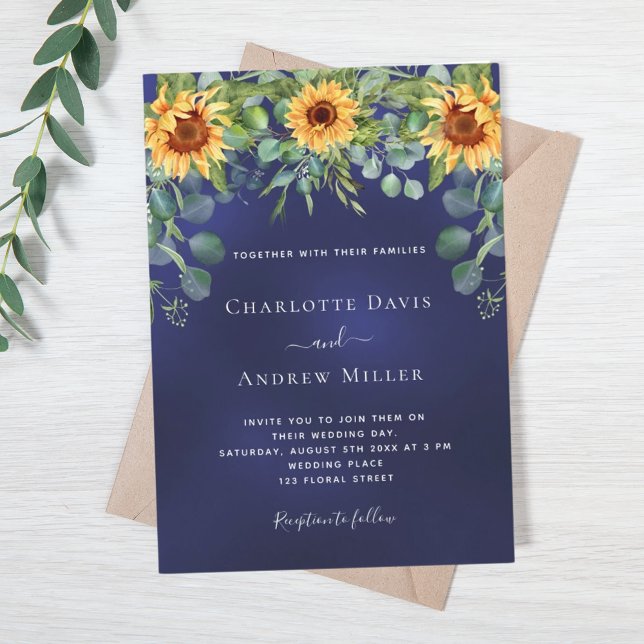 Sunflowers navy blue eucalyptus greenery invitation (Creator Uploaded)
