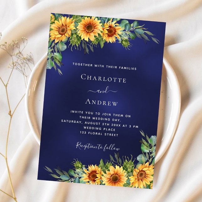 Sunflowers navy blue eucalyptus luxury wedding invitation (Creator Uploaded)