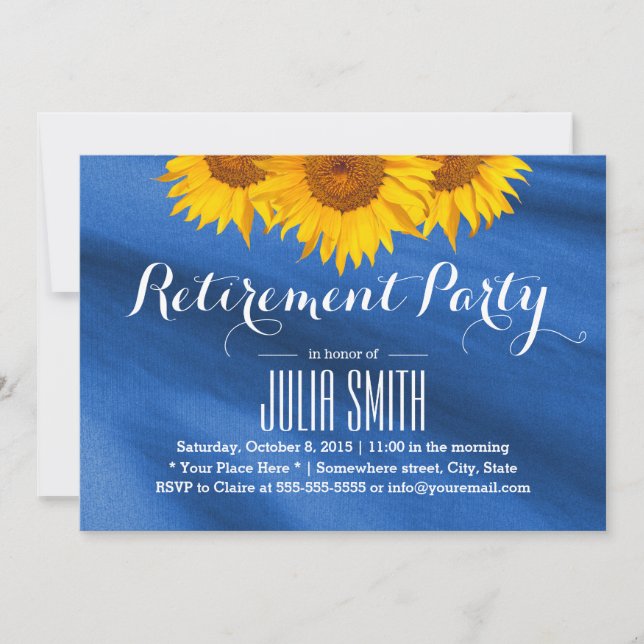 Sunflowers Navy Blue Fabric Retirement Party Invitation (Front)