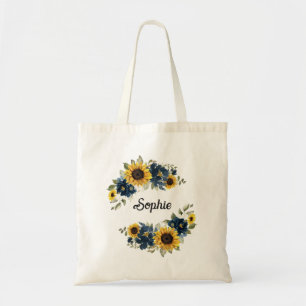 Sunflowers Navy Blue Floral Greenery Personalised Tote Bag
