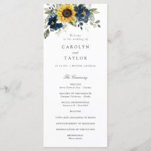 Sunflowers Navy Blue Floral Greenery Wedding Programme