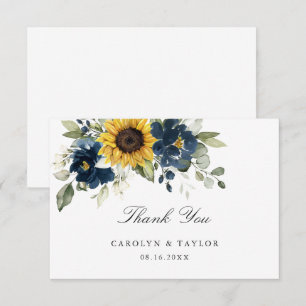 Sunflowers Navy Blue Floral Rustic Wedding Thank You Card
