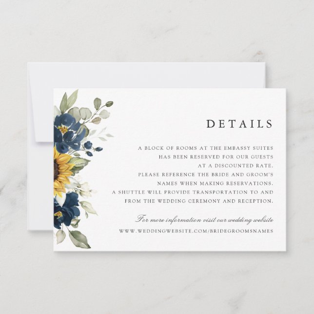 Sunflowers Navy Blue Floral Wedding Details Card (Front)