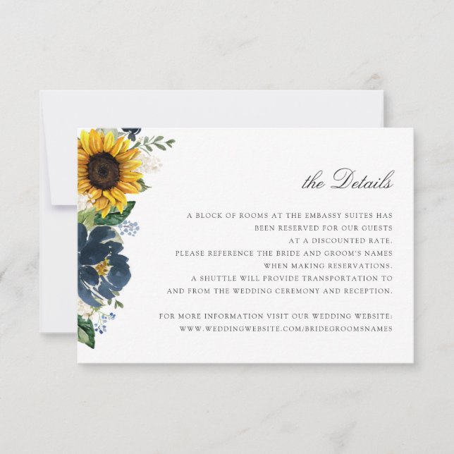 Sunflowers Navy Blue Floral Wedding Details Card (Front)