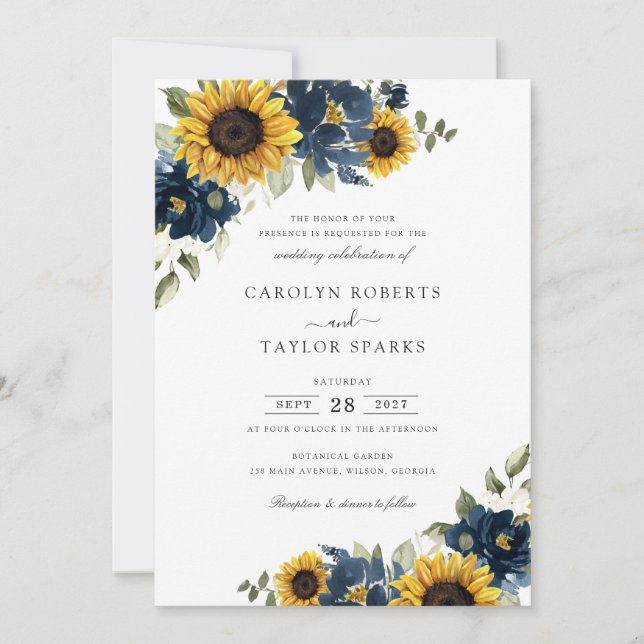 Sunflowers Navy Blue Flowers Greenery Wedding Invitation (Front)