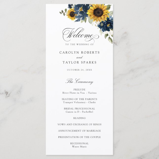 Sunflowers Navy Blue Flowers Rustic Wedding Programme (Front)